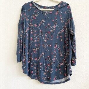 Loft Blue Floral Super Soft Long Sleeve Blouse Top Loungewear Sz L‎